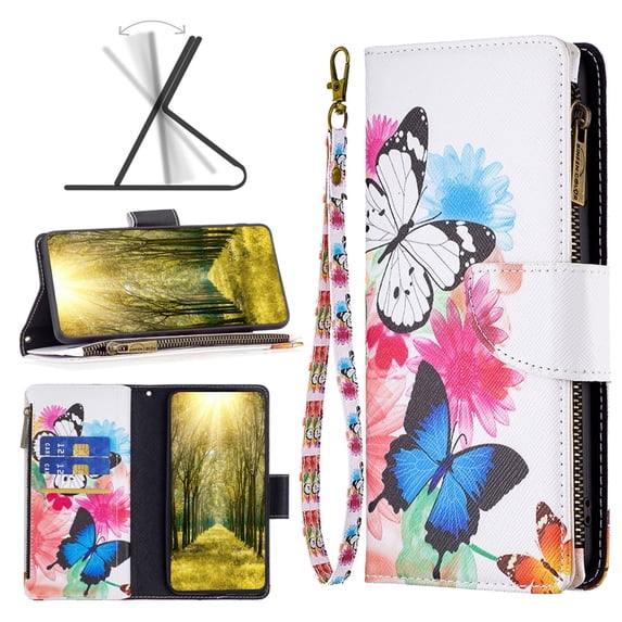 for iPhone 16 Zipper Wallet Case with Credit Card Slots, Floral Flower Pattern PU Leather Flip Cover for Women Girls, Wrist Hand Strap Kickstand Magnetic Clasp Case, White Blue Butterfly