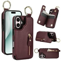 for iPhone 16 Zipper Wallet Case, Premium Lychee Texture PU Leather Double Magnetic Clasp Flip Kickstand Credit Card Slots Shockproof Portable Metal Ring Hook Phone Case,Jujube Red