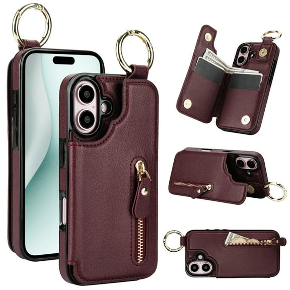 for iPhone 16 Zipper Wallet Case, Premium Lychee Texture PU Leather Double Magnetic Clasp Flip Kickstand Credit Card Slots Shockproof Portable Metal Ring Hook Phone Case,Jujube Red