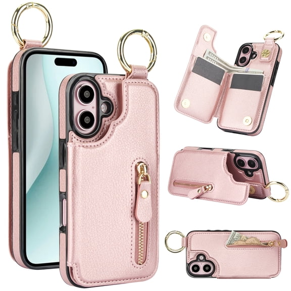 for iPhone 16 Zipper Wallet Case, Premium Lychee Texture PU Leather Double Magnetic Clasp Flip Kickstand Credit Card Slots Shockproof Portable Metal Ring Hook Phone Case,Rosegold