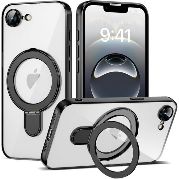 for iPhone 16E Case with Invisible Magnetic Ring Stand [Compatible with Mag-Safe] [Full Camera Lens Protector] Plating Clear Phone Case for iPhone 16E 6.1"