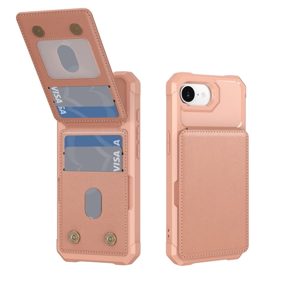 for iPhone 16E Case Wallet Cover, PU Leather Credit Card Holder Flip Stand Scratch Resistant Hybrid Protective Hard Shell Rugged TPU Bumper Case for iPhone 16E, Rosegold