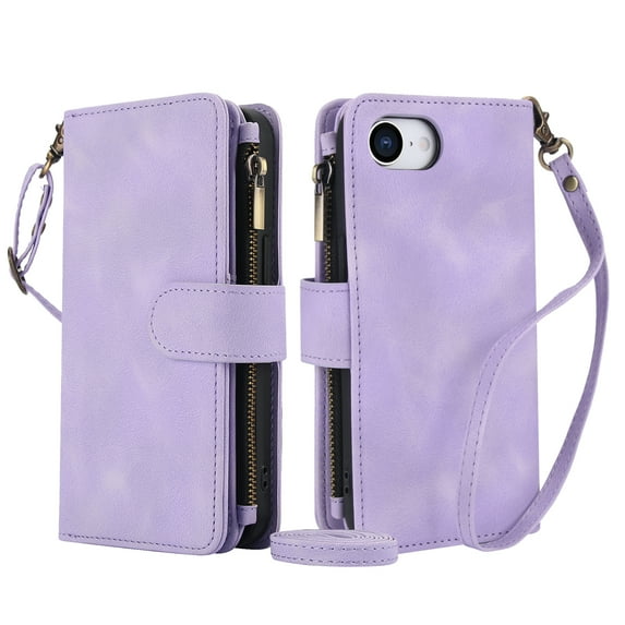 for iPhone 16E Crossbody Case Wallet with Card Slots - PU Leather Case RFID Blocking Zipper Pocket Lanyard Wrist Strap Shockproof Protective Phone Cover for iPhone 16E, Purple