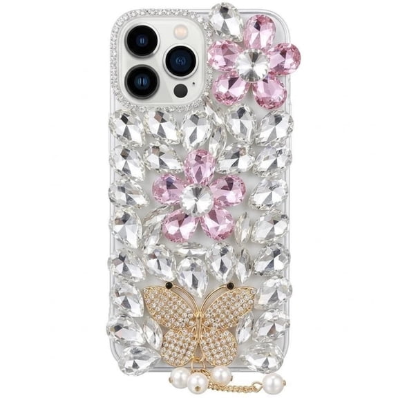 for iPhone 16ProMax Rhinestone Phone Case Designer Handmade Bling Pink Flower Glass Diamond & Metal Butterfly Pearl Pendant Crystal Cover for Women Girl