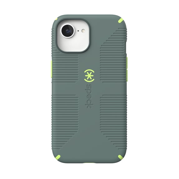 Speck iPhone 16e/15/14/13 CandyShell Grip MagSafe Compatible Case in Neo Drab and Glow Green