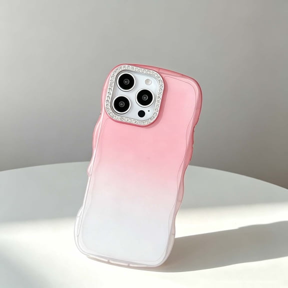 For iPhone 16e/17e Phone Case,Gradient Back Design,Luxury Diamond Lens Ring,Cute Wavy Frame,Ultra Slim TPU Matte Shockproof Non-Slip Drop Protection,Durable Thin Fit Phone Case,Pink