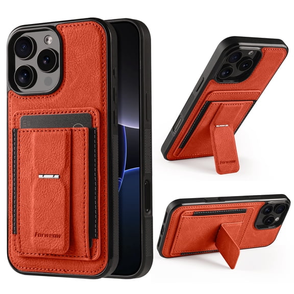 For iPhone 16e/17e Phone Case,With Card Slots,Invisible Foldable Kickstand,Anti-Scratch Shockproof Anti-fall Drop Protection,Non-Slip Heavy Duty Rugged Durable Phone Case Cover,Orange