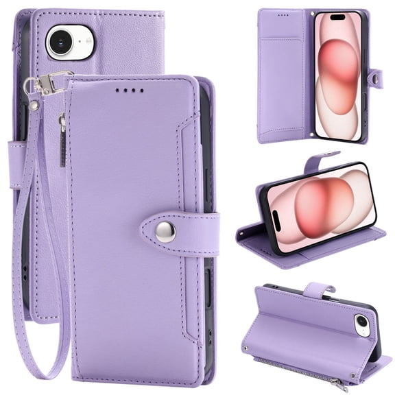 for iPhone 16e/17e Wallet Case, PU Leather Full Body Protective Cover, 6 Card Slots + 1 Inner Side Cash Pocket + 1 Outside Cash Pocket + 1 Zipper Pocket Stand Shoulder Wrist Strap, Purple