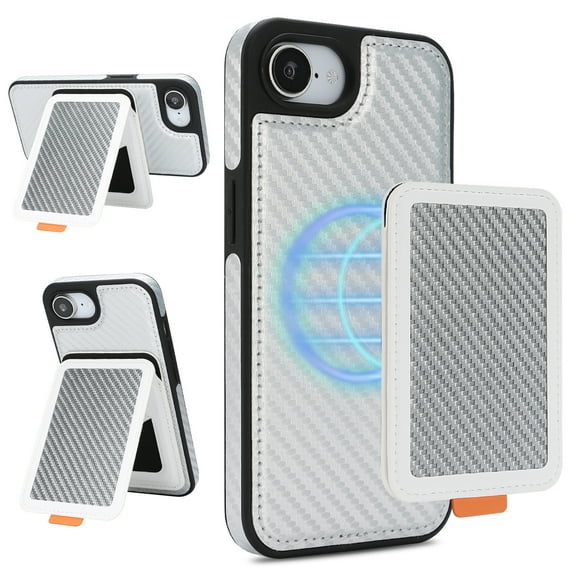 For iPhone 16e 2-in-1 Wallet Phone Case,Magnetic Detachable Cared Holder,With Contractile Kickstand,Compatible with Mag-Safe,Fiber Pattern PU Leather Shockproof Phone Case,White