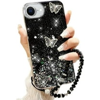 for iPhone 16e (2025) Bling Case with Lanyard, Shockproof Cute 3D Butterfly Glitter Soft TPU Woman Girly Sparkle Shiny Phone Cover with Crystal Wrist Strap for iPhone 16e 6.1 inch (Black)