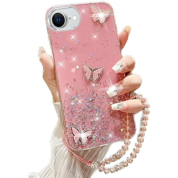 for iPhone 16e (2025) Bling Case with Lanyard, Shockproof Cute 3D Butterfly Glitter Soft TPU Woman Girly Sparkle Shiny Phone Cover with Crystal Wrist Strap for iPhone 16e 6.1 inch (Pink)