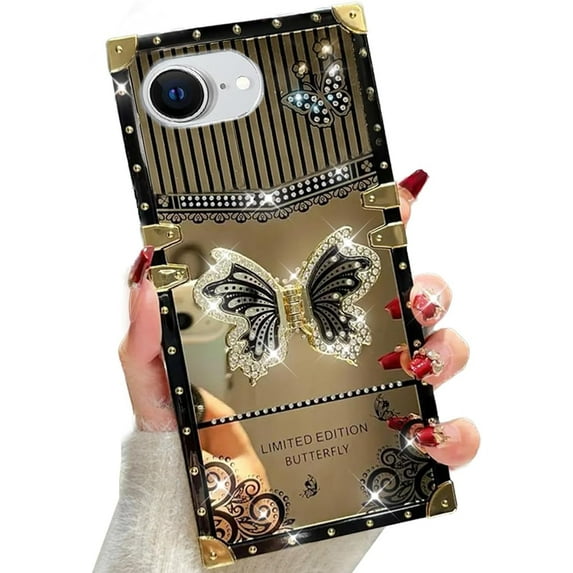 for iPhone 16e (2025) Butterfly Kickstand Case, Glitter Bling Foldable Stand Woman Girly Mirror Back Golden Plated Shockproof Protective Elegant Cute Soft Cover for iPhone 16e 6.1 (Black)