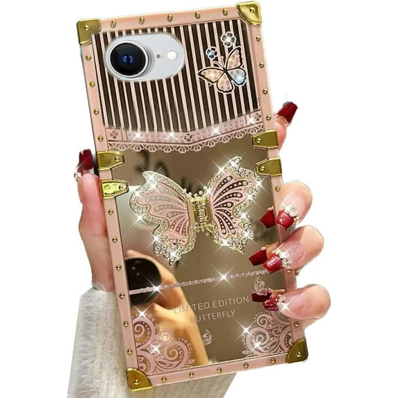 for iPhone 16e (2025) Butterfly Kickstand Case, Glitter Bling Foldable Stand Woman Girly Mirror Back Golden Plated Shockproof Protective Elegant Cute Soft Cover for iPhone 16e 6.1 (Pink)