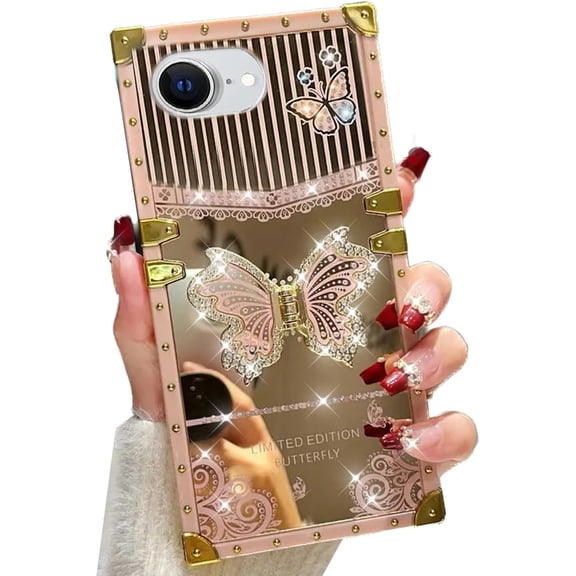 for iPhone 16e (2025) Butterfly Kickstand Case, Glitter Bling Foldable Stand Woman Girly Mirror Back Golden Plated Shockproof Protective Elegant Cute Soft Cover for iPhone 16e 6.1 (Pink)