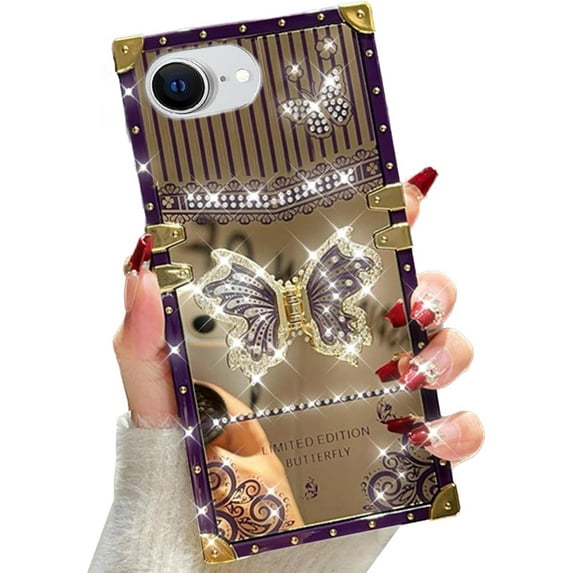 for iPhone 16e (2025) Butterfly Kickstand Case, Glitter Bling Foldable Stand Woman Girly Mirror Back Golden Plated Shockproof Protective Elegant Cute Soft Cover for iPhone 16e 6.1 (Purple)