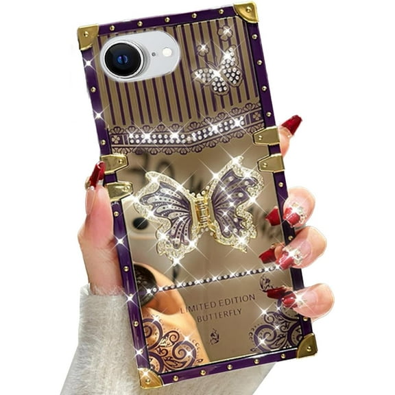 for iPhone 16e (2025) Butterfly Kickstand Case, Glitter Bling Foldable Stand Woman Girly Mirror Back Golden Plated Shockproof Protective Elegant Cute Soft Cover for iPhone 16e 6.1 (Purple)