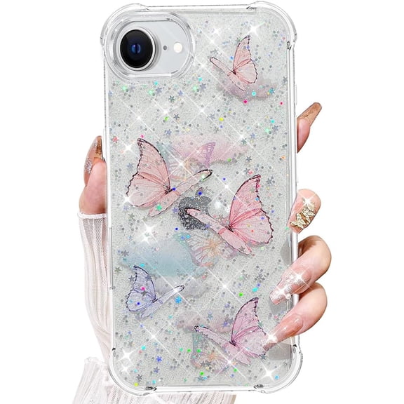 for iPhone 16e (2025) Case, Bling Shockproof Cute Clear Butterfly Women Girly Flexible TPU Stars Sparkle Glitter Anti-Scratch Shockproof Protective Phone Cover for iPhone 16e 6.1 inch, Pink