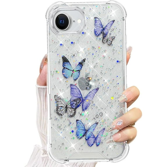 for iPhone 16e (2025) Case, Bling Shockproof Cute Clear Butterfly Women Girly Flexible TPU Stars Sparkle Glitter Anti-Scratch Shockproof Protective Phone Cover for iPhone 16e 6.1 inch, Purple