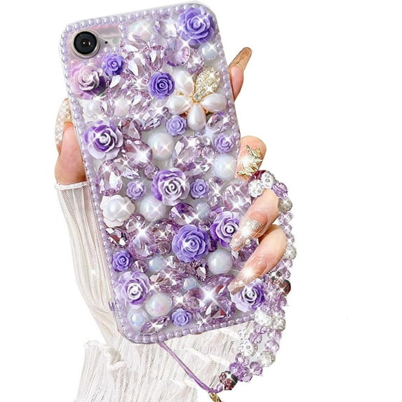 for iPhone 16e (2025) Case,Cute Bling Glitter Sparkle Stunning Stones Diamond Rhinestone 3D Handmade Pearl Rose Flower with Wrist Lanyard for Women Girly for iPhone 16e 6.1 inch (Purple)