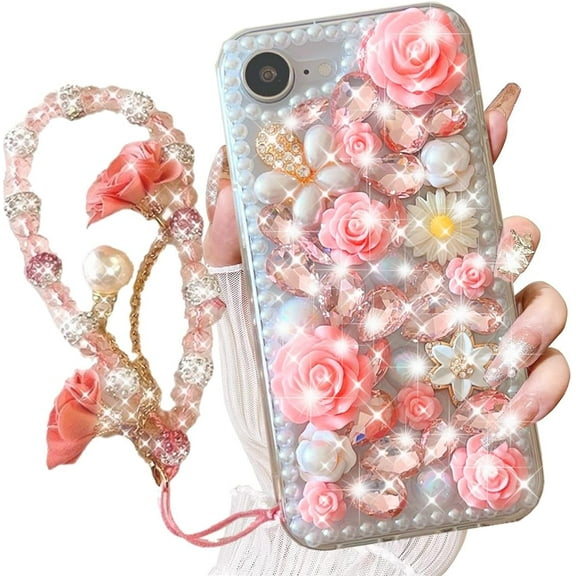 for iPhone 16e (2025) Case,Cute Bling Glitter Sparkle Stunning Stones Diamond Rhinestone 3D Handmade Pearl Rose Flower with Wrist Lanyard for Women Girly for iPhone 16e 6.1 inch (Pink)