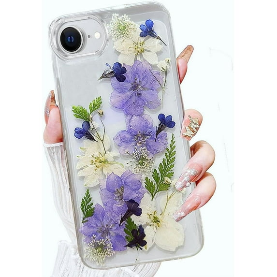 for iPhone 16e (2025) Clear Case with Pressed Real Flower, Cute Glitter Bling Flower Pattern Slim Soft TPU Shockproof Protective for Women Girls Phone Cover for iPhone 16e 6.1 inch (Purple)