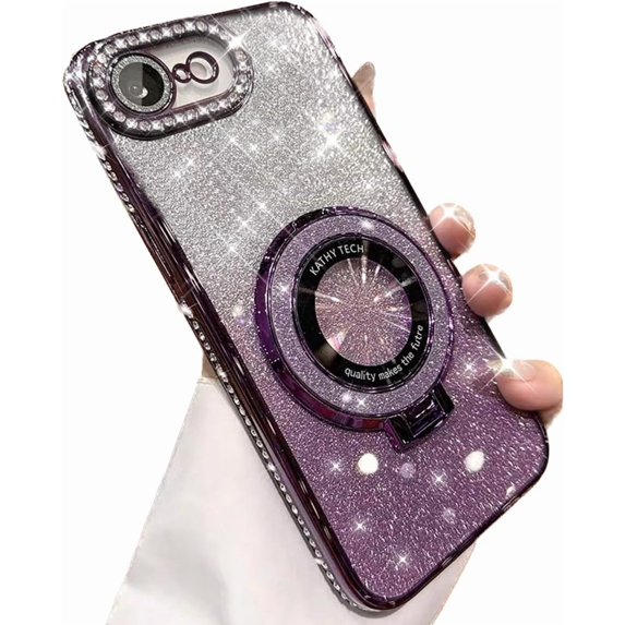 for iPhone 16e 6.1" 2025 Magnetic Kickstand Case, Compatible with Magsafe Bling Glitter Diamonds Rhinestone Ring Holder Camera Lens Protector Girls Woman Cute Cover for iPhone 16e, Purple