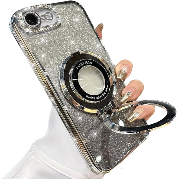 for iPhone 16e 6.1" 2025 Magnetic Stand Case, Compatible with Magsafe Bling Glitter Diamonds Rhinestone Ring Holder Kickstand Camera Protector Girls Women Cute Cover for iPhone 16e, Silver