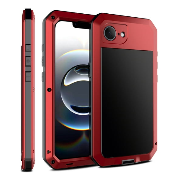 For iPhone 16e Aluminum Alloy Metal Case,Heavy Duty Full Body with Built-in Screen Protector Shockproof Dustproof Screw Bumper Drop Protective Case For iPhone 16e,Red