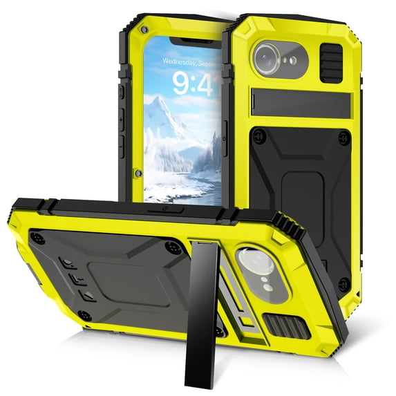 for iPhone 16e Armor Cover Case with Screen Protector, with Built-in 360° Rotate Ring Stand Heavy Duty Protection Cover Case for Apple iPhone 16e, Yellow