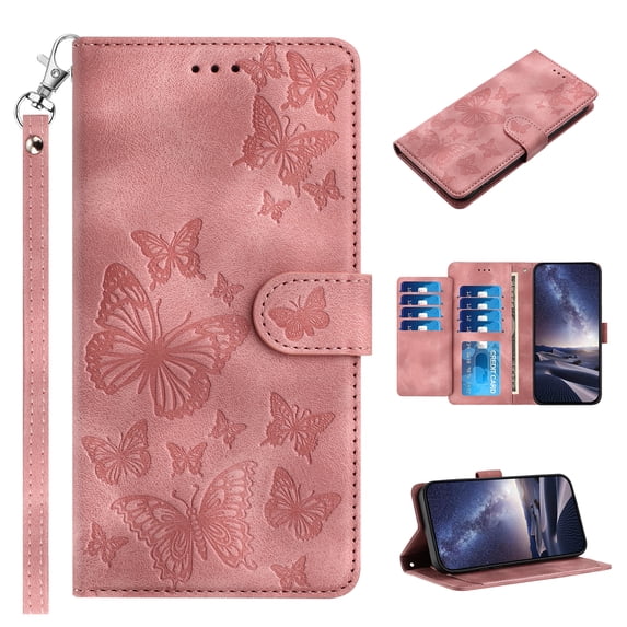 for iPhone 16e Butterflies Embossed Wallet Case with Wrist Strap - PU Leather Flip Folio Phone Case with 8 Card Holder & 1 Cash Pocket Stand Cute Aesthetic for Women Ladies, Pink