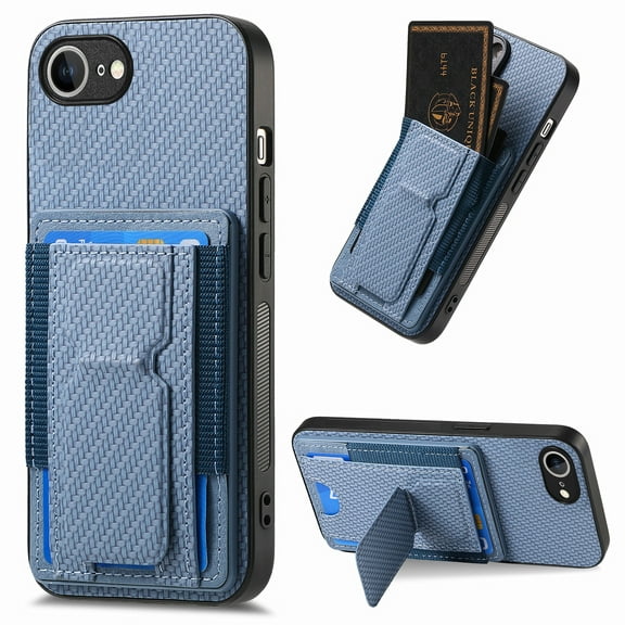 for iPhone 16e Carbon Fiber Texture Wallet Case with Credit Card Slots, Shockproof Protection Business PU Leather Flip Kickstand Phone Cover for iPhone 16e, Blue
