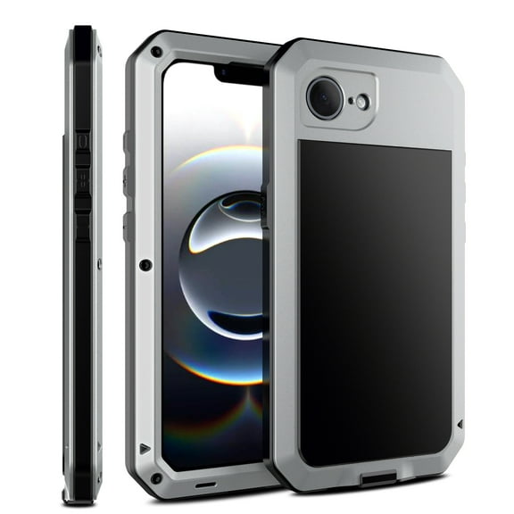 for iPhone 16e Case, 360 Full Body Protective Cover Heavy Duty Shockproof Armor Aluminum Alloy Metal Case with Silicone Built-in Screen Protector for iPhone 16e, Silver