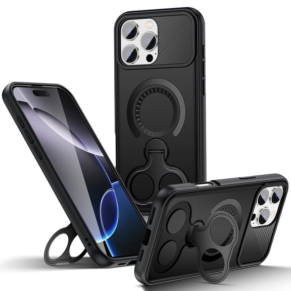for iPhone 16e Case, 360 Rotating Ring Holder Magnetic Kickstand Shockproof Anti-Scratch Anti-Fingerprint Protective Anti-Slip Back Cover PC+TPU Wireless Charging Compatible, Black