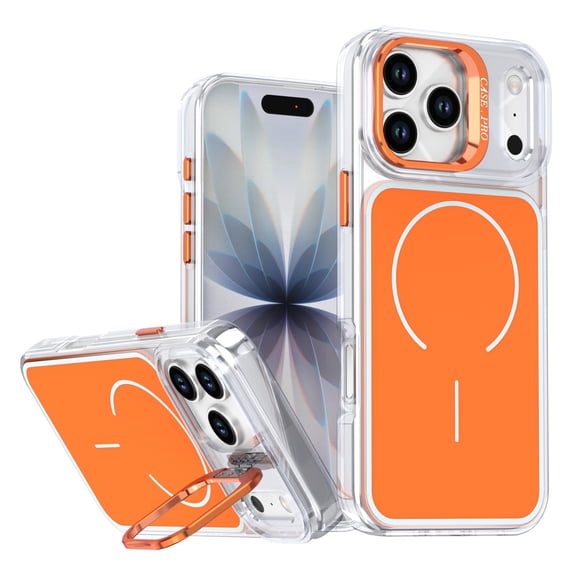 for iPhone 16e Case with Built-in Camera Stash Stand, Compatible with MagSafe, Slim Fit & Lightweight Magnetic Hard Back Soft Edge Anti-Yellow Sturdy Flexible Shockproof Cover, Orange