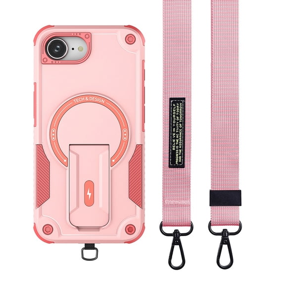 for iPhone 16e Case, Built-in Kickstand, Compatible with Magsafe, Luxury Military-Grade Armor Shockproof Drop Protective Rugged Hybrid Cover with Shoulder Strap for iPhone 16e - Pink