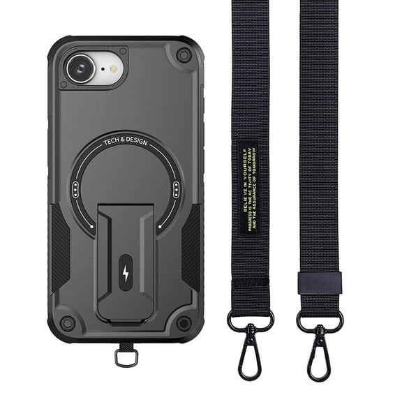 for iPhone 16e Case, Built-in Kickstand, Compatible with Magsafe, Luxury Military-Grade Armor Shockproof Drop Protective Rugged Hybrid Cover with Shoulder Strap for iPhone 16e - Black