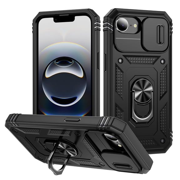 for iPhone 16e Case with Camera Cover, 360° Rotate Ring Stand Impact-Resistant Shockproof Protective Bumper Car Mount Magnetic Armor Military Drop Protection Heavy Duty Case, Black