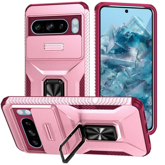 for iPhone 16e Case Camera Cover Lens Slide Protector Ring Kickstand Magnetic for Mag Safe Drop Protection Heavy Duty Anti-Scratch Impact Resistant Protective Hard Bumper Shell,Pink