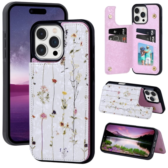 For iPhone 17e/ 16e Case with Card Holder, Stylish Flower with Glitter Bling Rhinestone Stand Shockproof Slim Fit Bumper Wallet Case for Apple iPhone 16e/17e, Floral