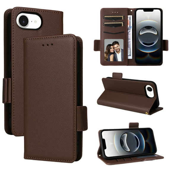 for iPhone 16e Case, Classic Design PU Leather Wallet Magnetic Closure Flip Case with Kickstand Card Holder Slot Shockproof Protective Cover for iPhone 16e - Brown