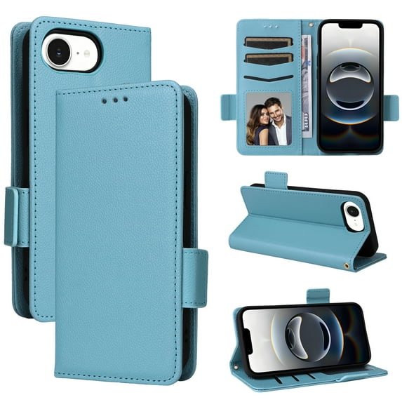 for iPhone 16e Case, Classic Design PU Leather Wallet Magnetic Closure Flip Case with Kickstand Card Holder Slot Shockproof Protective Cover for iPhone 16e - Cyanblue