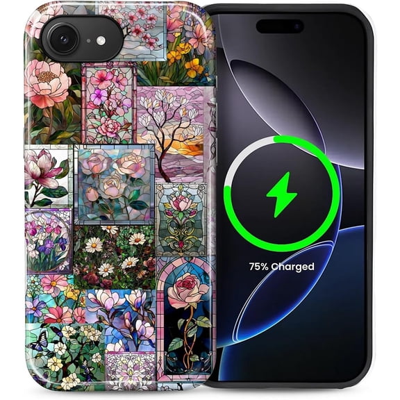 for iPhone 16e Case, Compatible with MagSafe, Dual-Layer Hard Shell, Silicone Cover, Full Body Protection Shockproof Case for iPhone 16e-Colorful Flowers Stained Glass Collage