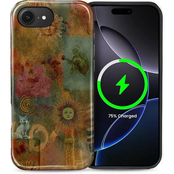 for iPhone 16e Case, Compatible with MagSafe, Dual-Layer Hard Shell, Silicone Cover, Full Body Protection Shockproof Case for iPhone 16e-Retro 80s Sun Turtle Fox Collage