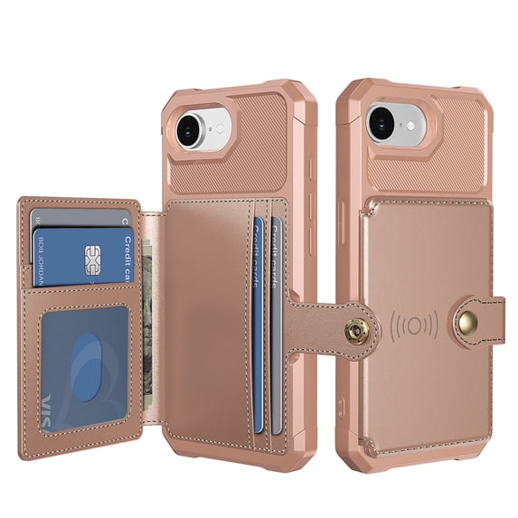 for iPhone 16e Case with Credit Card Holder, Magnetic Back Flip Case PU Leather Wallet Cover for Women Men, All-Round Shockproof Rugged Protective Phone Case for iPhone 16e, Rosegold