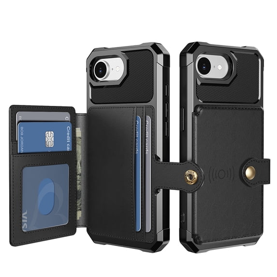 for iPhone 16e Case with Credit Card Holder, Magnetic Back Flip Case PU Leather Wallet Cover for Women Men, All-Round Shockproof Rugged Protective Phone Case for iPhone 16e, Black