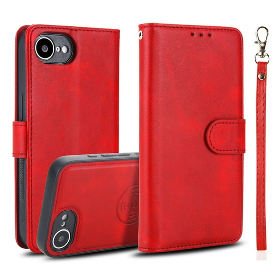 for iPhone 16e Case Detachable Magnetic Wallet Case with Card Holder, 2 in 1 PU Leather Flip Folio Case with Kickstand Wrist Strap Shockproof Protective Phone Case Cover for iPhone 16e, Red