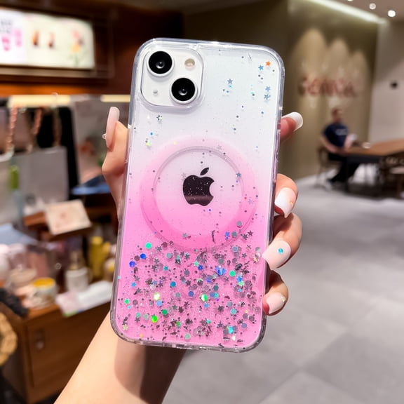 for iPhone 16e Case Glitter, Compatible with MagSafe Magnetic Clear Phone Cases for Women Girls, Camera Lens Protection Sparkle Shockproof Protective Transparent Slim Cover, Pink