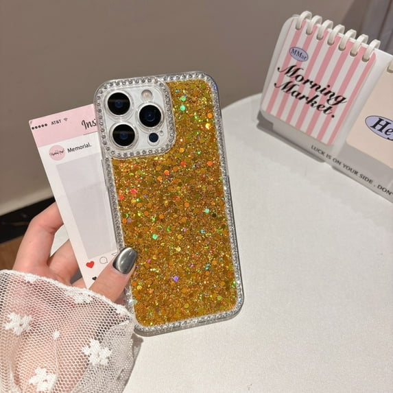 for iPhone 16e Case, Glitter Shining Design with Diamond Edge Cover, Shockproof Military-Grade Protection, Clear TPU Bumper Hard Back Protective Hybrid Case for iPhone 16e, Gold