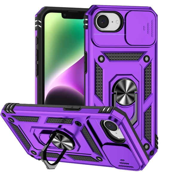 For iPhone 16e Case Heavy Duty Military Grade Protection,Camera Lens Slide Protection & 360°Rotate Magnetic Car Mount Holder Kickstand Rugged Shockproof Drop Hard Shell,Purple