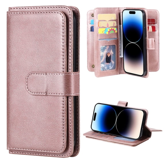 for iPhone 16e Case, Heavy Duty Protection Wallet with Magnetic Case, 10 Card Slots, 2 in 1 Folio Flip Premium PU Leather Wallet Kickstand Case for iPhone 16e - Rosegold